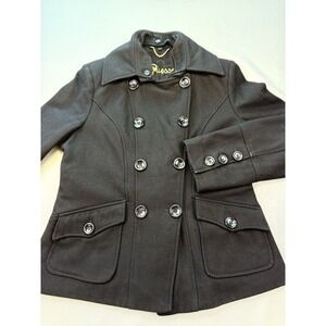 GUESS Womens Black Wool Blend Double Breasted Mid Length Winter Coat Jacket Sz L